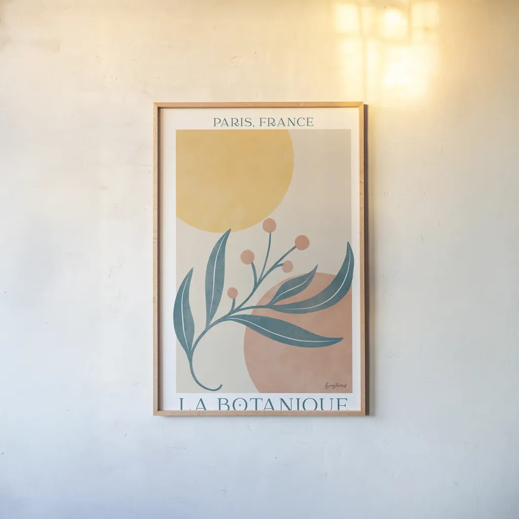 Botanical Poster IV by Becky Thorns. shown as a paper print in a natural frame. Available as a archival giclee rolled canvas, fine art paper, or poster print. SKU 86286h.