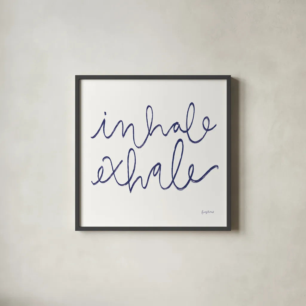 Calm Home III Indigo Crop by Becky Thorns. Shown in a sleek black glass frame for a contemporary gallery look. Available as an archival giclee rolled canvas, fine art paper, or poster print. SKU 70968a.