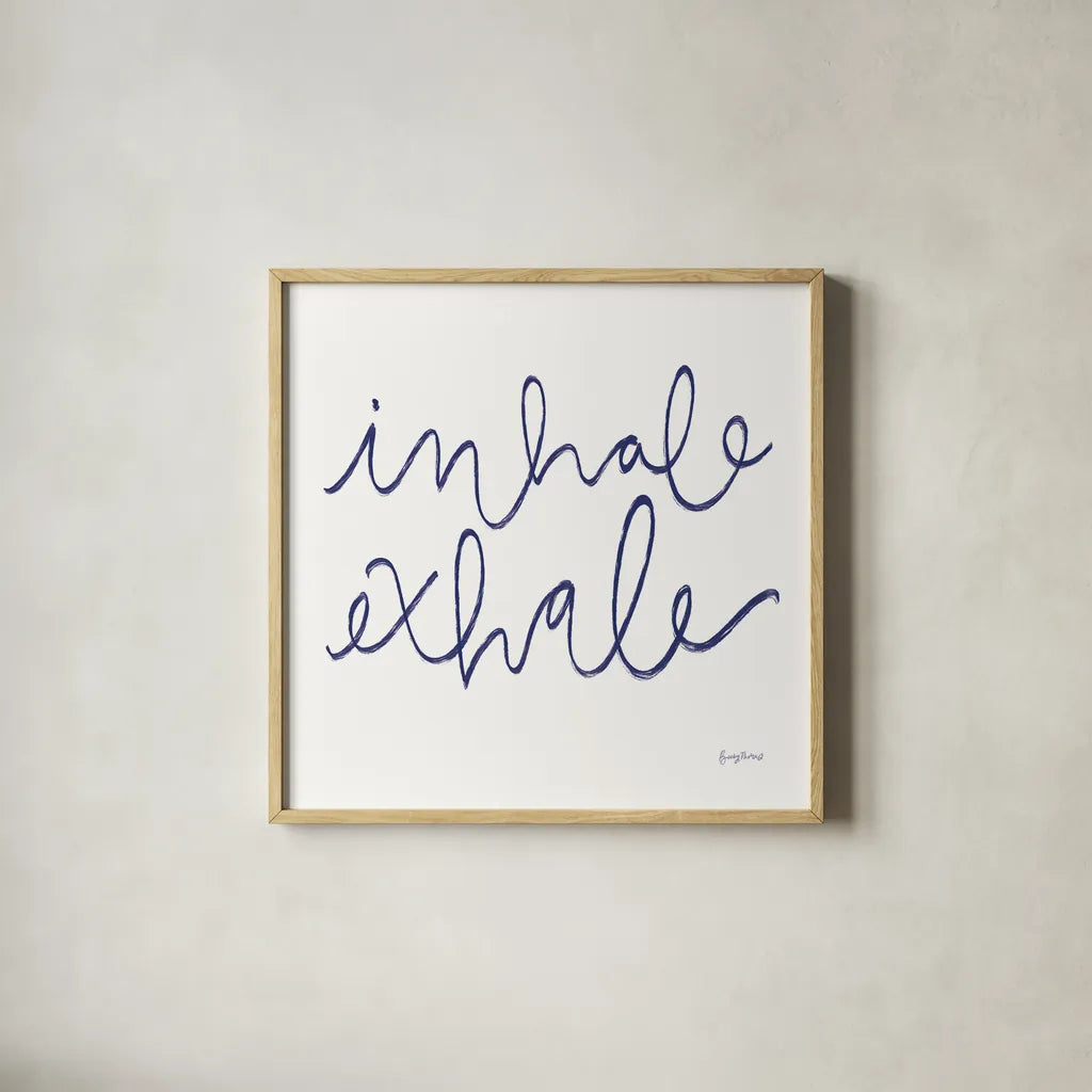 Calm Home III Indigo Crop by Becky Thorns. Shown in a natural wood glass frame for a timeless modern aesthetic. Available as an archival giclee rolled canvas, fine art paper, or poster print. SKU 70968a.