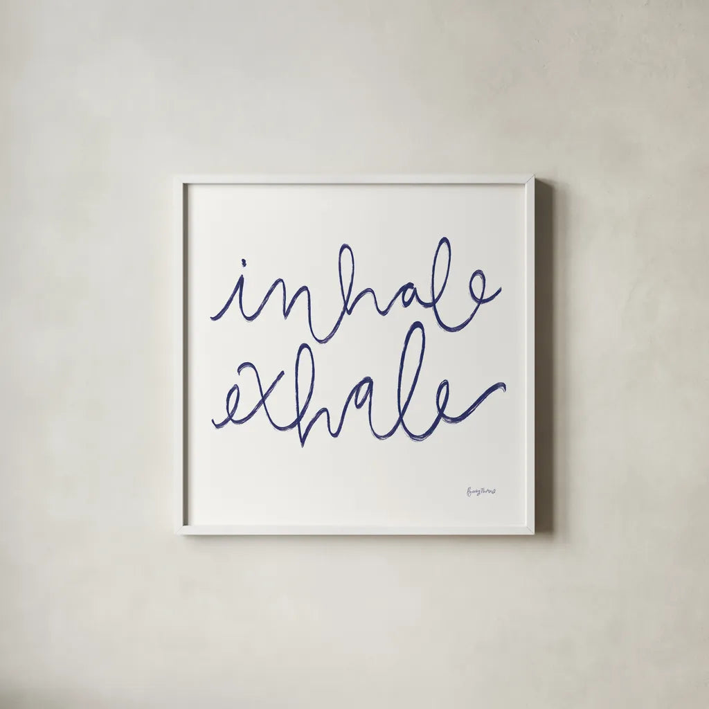 Calm Home III Indigo Crop by Becky Thorns. Shown in a crisp white glass frame for a clean and minimalist style. Available as an archival giclee rolled canvas, fine art paper, or poster print. SKU 70968a.