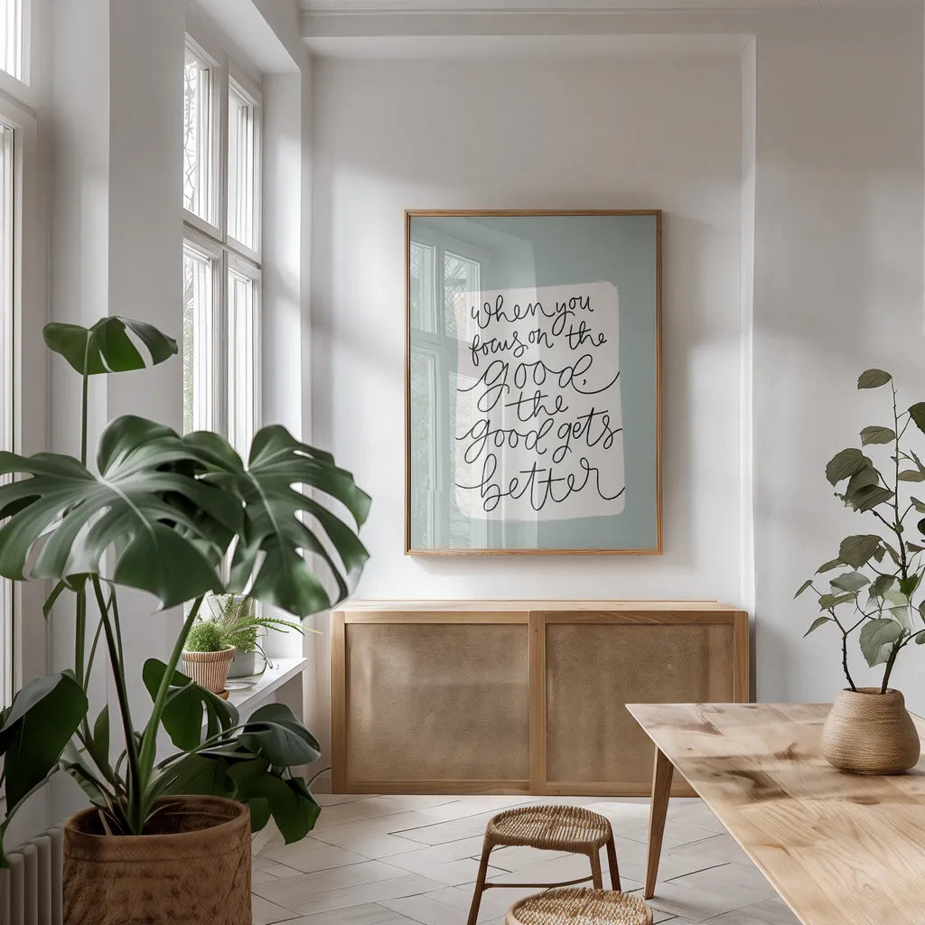 Calm Home IV by Becky Thorns. shown as a print in a natural wood frame in a dining room. Available as a archival giclee rolled canvas, fine art paper, or poster print. SKU 66902h.