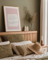 Calm Home V Blush by Becky Thorns. shown as a paper print in a natural frame. Available as a archival giclee rolled canvas, fine art paper, or poster print. SKU 67147h.
