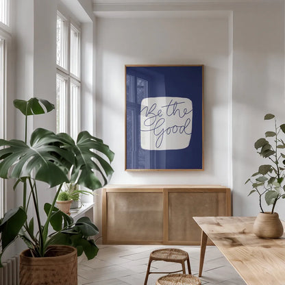 Calm Home VI Indigo by Becky Thorns. shown as a print in a natural wood frame in a dining room. Available as a archival giclee rolled canvas, fine art paper, or poster print. SKU 70967h.