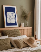 Calm Home VI Indigo by Becky Thorns. shown as a paper print in a natural frame. Available as a archival giclee rolled canvas, fine art paper, or poster print. SKU 70967h.