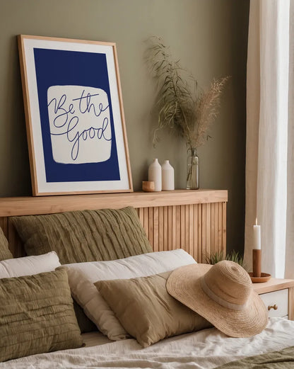 Calm Home VI Indigo by Becky Thorns. shown as a paper print in a natural frame. Available as a archival giclee rolled canvas, fine art paper, or poster print. SKU 70967h.