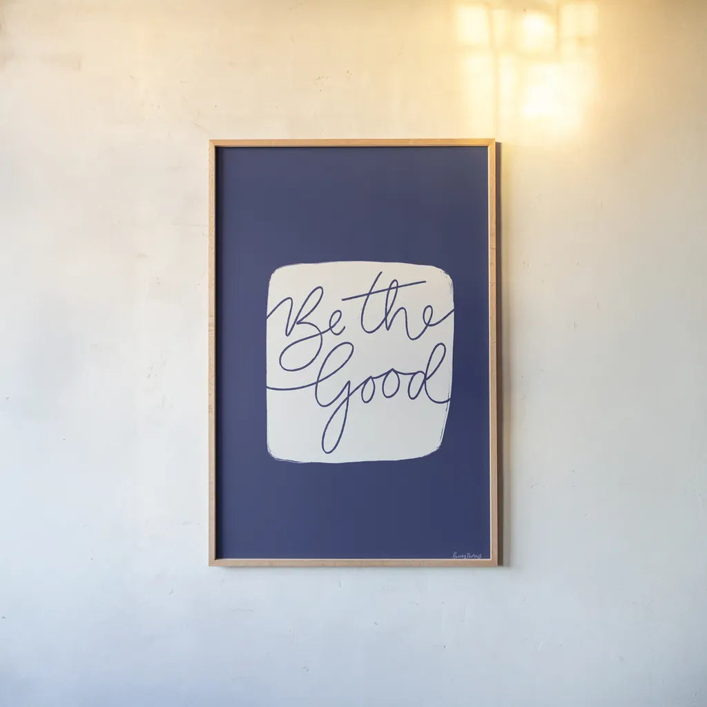 Calm Home VI Indigo by Becky Thorns. shown as a paper print in a natural frame. Available as a archival giclee rolled canvas, fine art paper, or poster print. SKU 70967h.