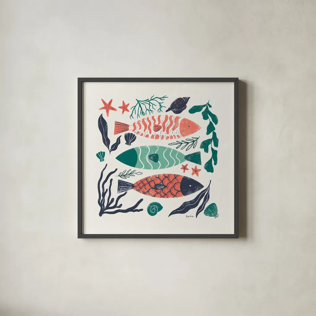 Coastal Reef I by Becky Thorns. Shown in a sleek black glass frame for a contemporary gallery look. Available as an archival giclee rolled canvas, fine art paper, or poster print. SKU 72911a.