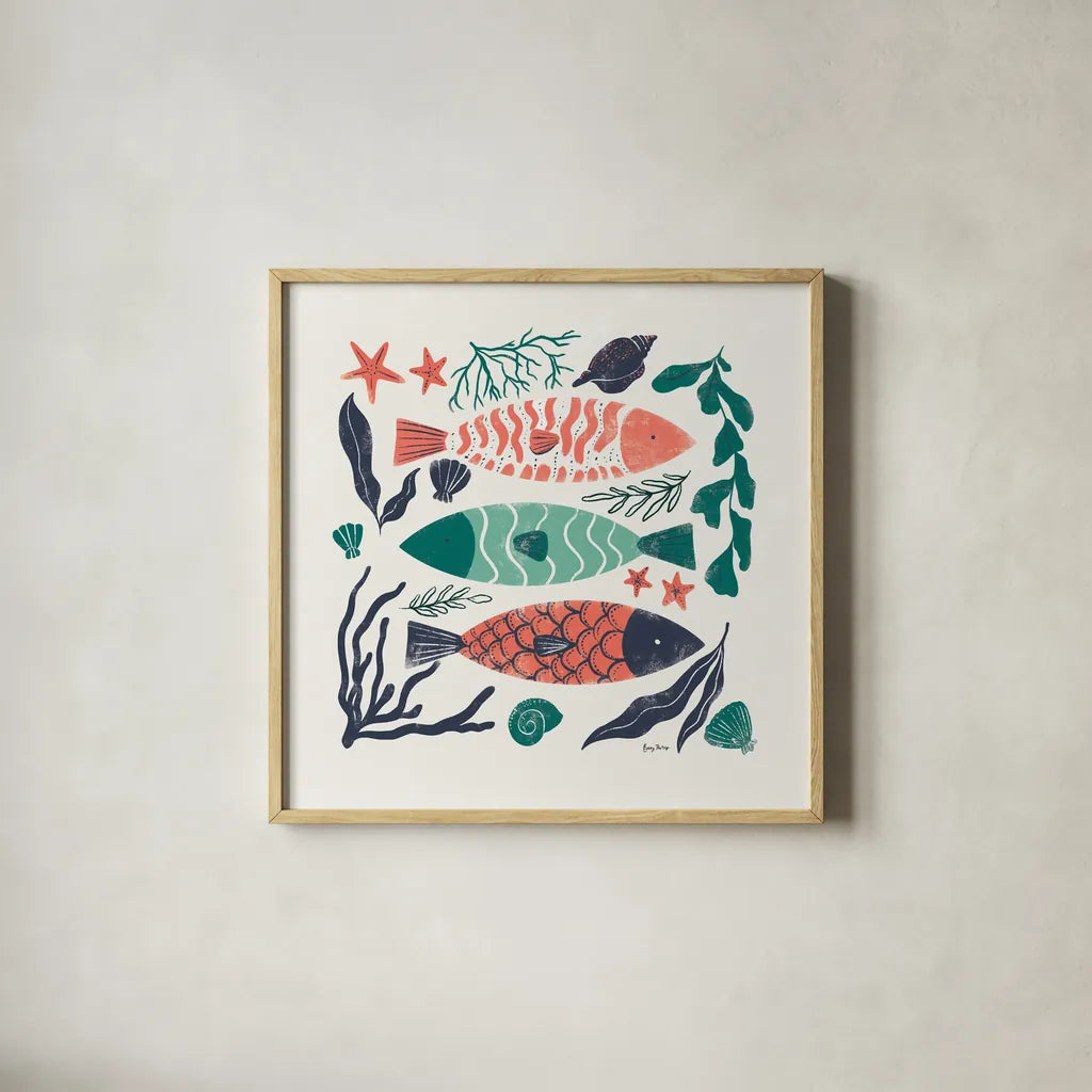 Coastal Reef I by Becky Thorns. Shown in a natural wood glass frame for a timeless modern aesthetic. Available as an archival giclee rolled canvas, fine art paper, or poster print. SKU 72911a.