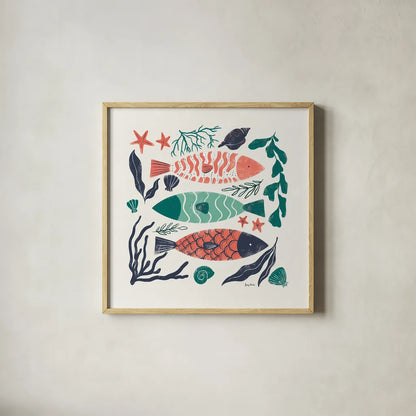 Coastal Reef I by Becky Thorns. Shown in a natural wood glass frame for a timeless modern aesthetic. Available as an archival giclee rolled canvas, fine art paper, or poster print. SKU 72911a.