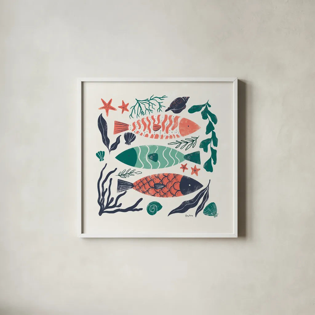 Coastal Reef I by Becky Thorns. Shown in a crisp white glass frame for a clean and minimalist style. Available as an archival giclee rolled canvas, fine art paper, or poster print. SKU 72911a.