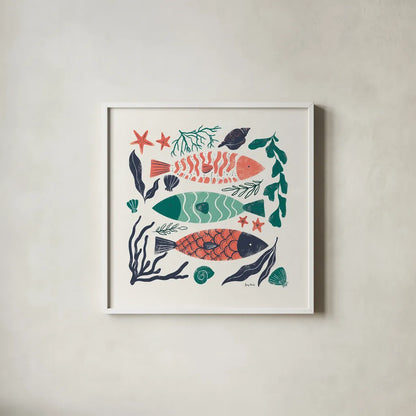 Coastal Reef I by Becky Thorns. Shown in a crisp white glass frame for a clean and minimalist style. Available as an archival giclee rolled canvas, fine art paper, or poster print. SKU 72911a.