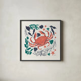 Coastal Reef II by Becky Thorns. Shown in a sleek black glass frame for a contemporary gallery look. Available as an archival giclee rolled canvas, fine art paper, or poster print. SKU 72912a.