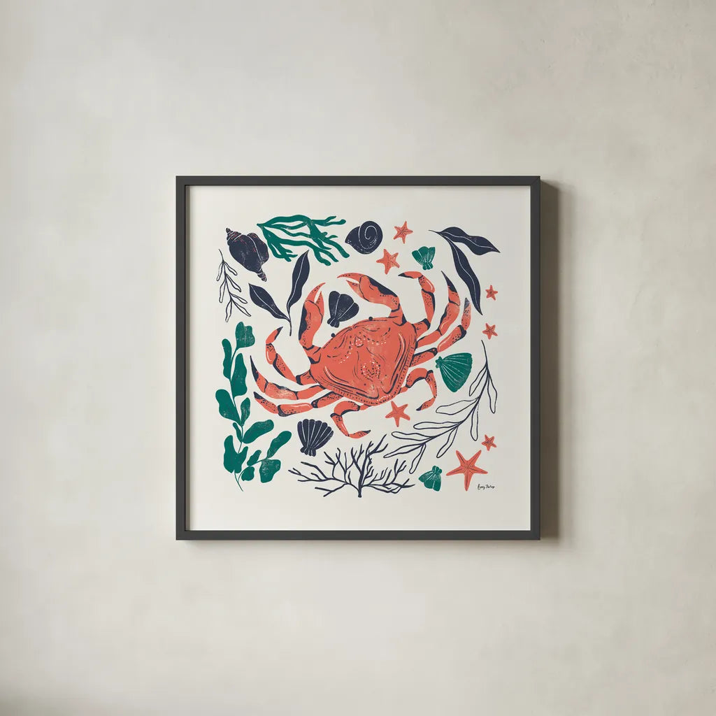 Coastal Reef II by Becky Thorns. Shown in a sleek black glass frame for a contemporary gallery look. Available as an archival giclee rolled canvas, fine art paper, or poster print. SKU 72912a.