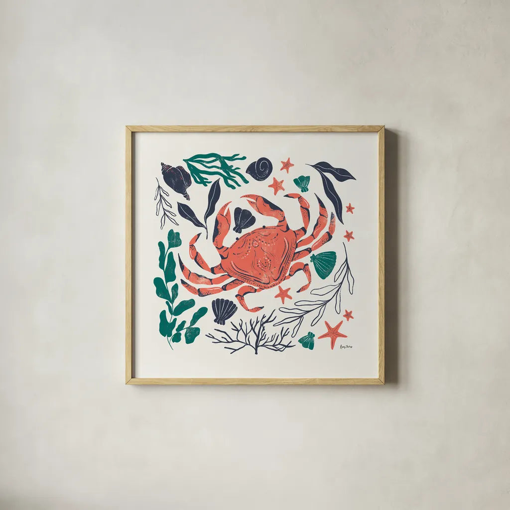 Coastal Reef II by Becky Thorns. Shown in a natural wood glass frame for a timeless modern aesthetic. Available as an archival giclee rolled canvas, fine art paper, or poster print. SKU 72912a.