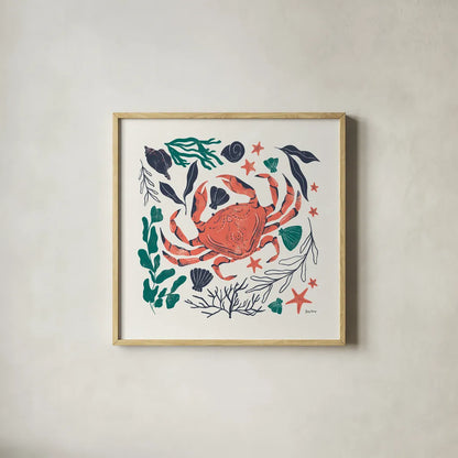 Coastal Reef II by Becky Thorns. Shown in a natural wood glass frame for a timeless modern aesthetic. Available as an archival giclee rolled canvas, fine art paper, or poster print. SKU 72912a.