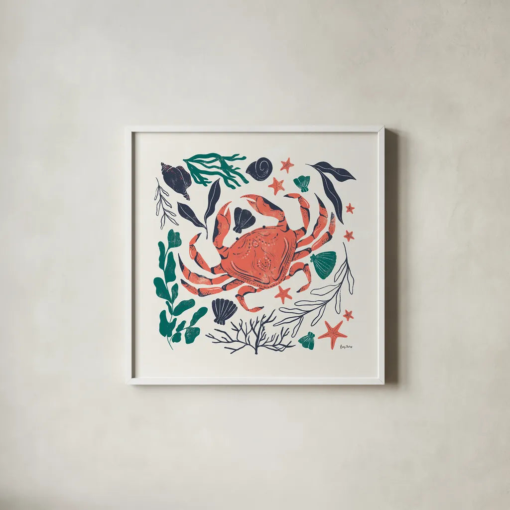 Coastal Reef II by Becky Thorns. Shown in a crisp white glass frame for a clean and minimalist style. Available as an archival giclee rolled canvas, fine art paper, or poster print. SKU 72912a.