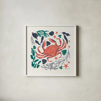 Coastal Reef II by Becky Thorns. Shown in a crisp white glass frame for a clean and minimalist style. Available as an archival giclee rolled canvas, fine art paper, or poster print. SKU 72912a.