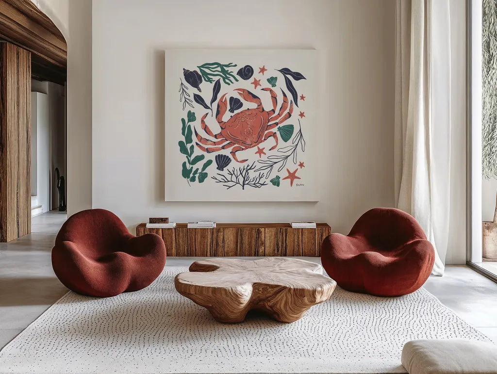 Coastal Reef II by Becky Thorns. Shown as extra-large giant wall art in a modern living room. Available as an archival giclee rolled canvas, fine art paper, or poster print. SKU 72912a.