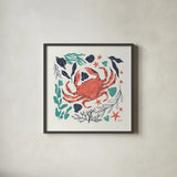 Coastal Reef II Turquoise by Becky Thorns. Shown in a sleek black glass frame for a contemporary gallery look. Available as an archival giclee rolled canvas, fine art paper, or poster print. SKU 76357a.