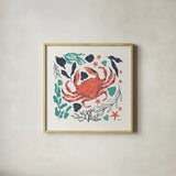Coastal Reef II Turquoise by Becky Thorns. Shown in a natural wood glass frame for a timeless modern aesthetic. Available as an archival giclee rolled canvas, fine art paper, or poster print. SKU 76357a.