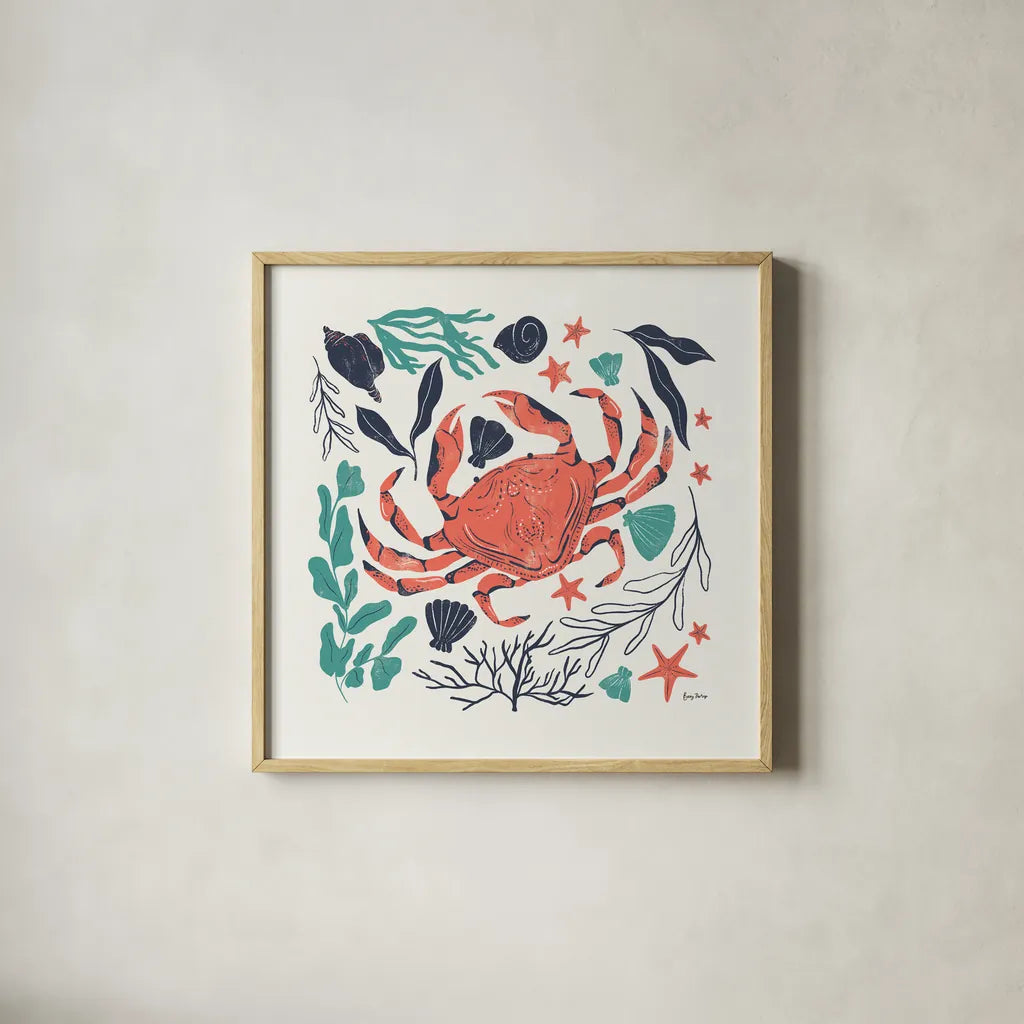 Coastal Reef II Turquoise by Becky Thorns. Shown in a natural wood glass frame for a timeless modern aesthetic. Available as an archival giclee rolled canvas, fine art paper, or poster print. SKU 76357a.