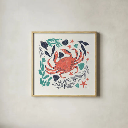 Coastal Reef II Turquoise by Becky Thorns. Shown in a natural wood glass frame for a timeless modern aesthetic. Available as an archival giclee rolled canvas, fine art paper, or poster print. SKU 76357a.