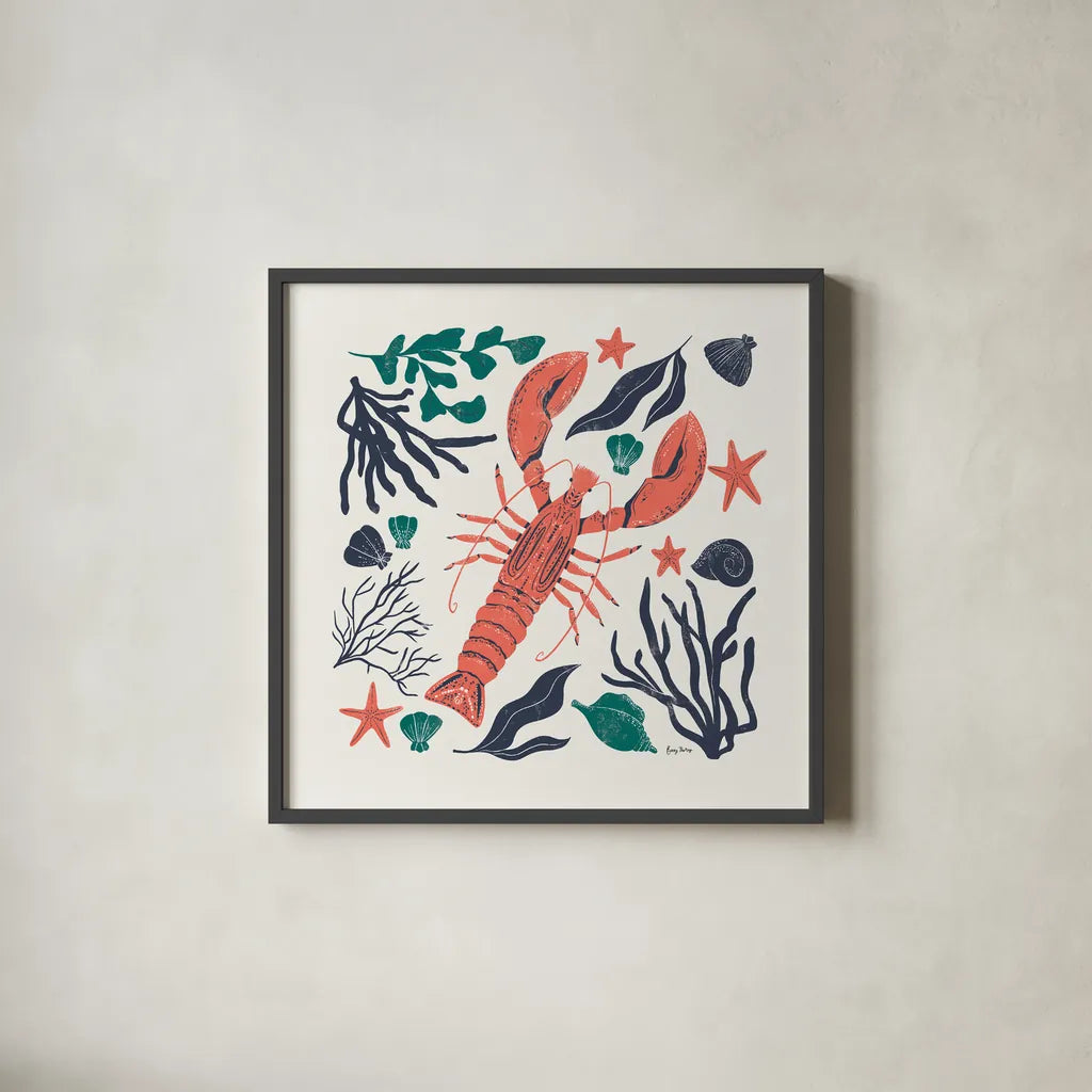 Coastal Reef III by Becky Thorns. Shown in a sleek black glass frame for a contemporary gallery look. Available as an archival giclee rolled canvas, fine art paper, or poster print. SKU 72913a.