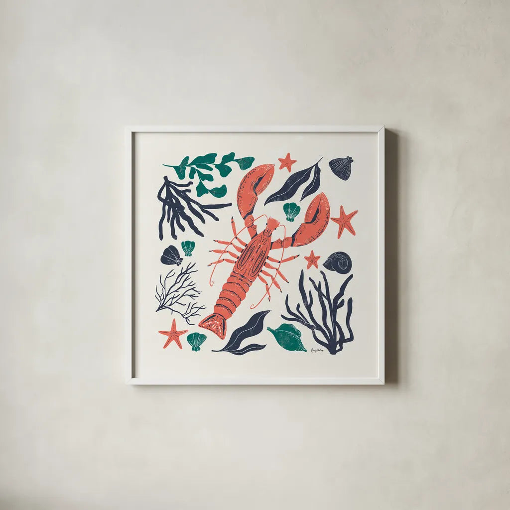 Coastal Reef III by Becky Thorns. Shown in a crisp white glass frame for a clean and minimalist style. Available as an archival giclee rolled canvas, fine art paper, or poster print. SKU 72913a.