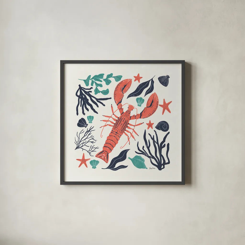 Coastal Reef III Turquoise by Becky Thorns. Shown in a sleek black glass frame for a contemporary gallery look. Available as an archival giclee rolled canvas, fine art paper, or poster print. SKU 76358a.