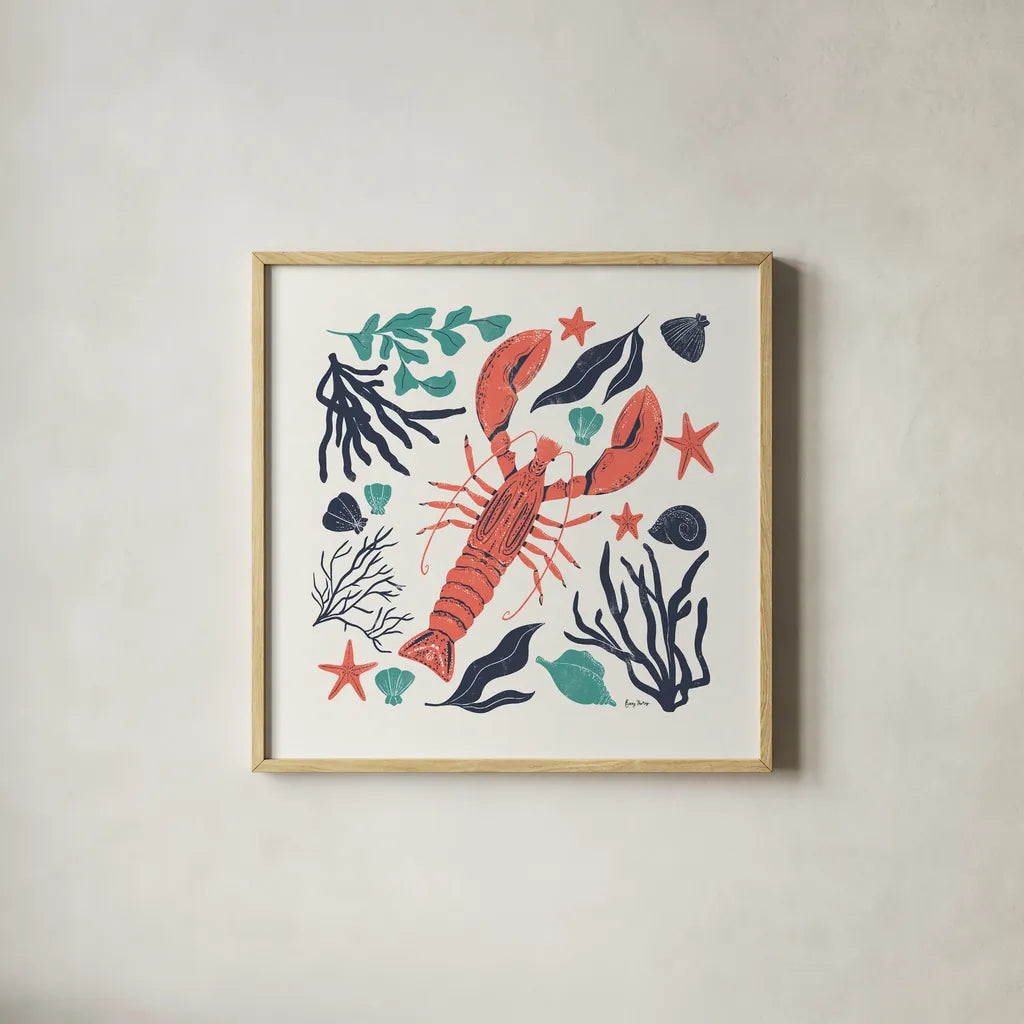 Coastal Reef III Turquoise by Becky Thorns. Shown in a natural wood glass frame for a timeless modern aesthetic. Available as an archival giclee rolled canvas, fine art paper, or poster print. SKU 76358a.