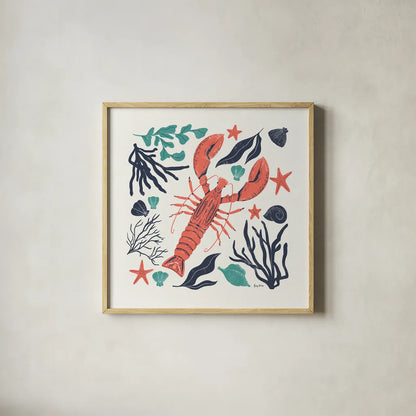 Coastal Reef III Turquoise by Becky Thorns. Shown in a natural wood glass frame for a timeless modern aesthetic. Available as an archival giclee rolled canvas, fine art paper, or poster print. SKU 76358a.