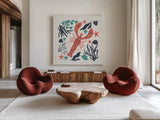 Coastal Reef III Turquoise by Becky Thorns. Shown as extra-large giant wall art in a modern living room. Available as an archival giclee rolled canvas, fine art paper, or poster print. SKU 76358a.