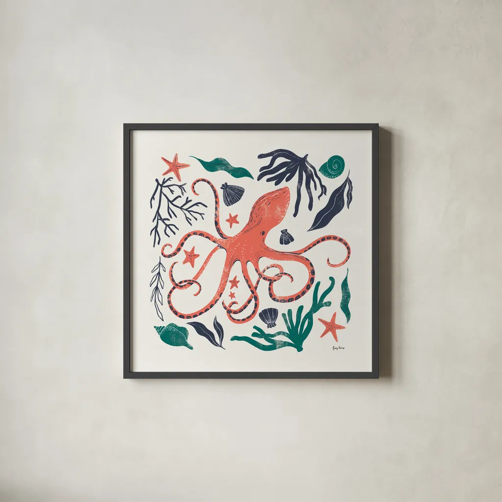 Coastal Reef IV by Becky Thorns. Shown in a sleek black glass frame for a contemporary gallery look. Available as an archival giclee rolled canvas, fine art paper, or poster print. SKU 72914a.