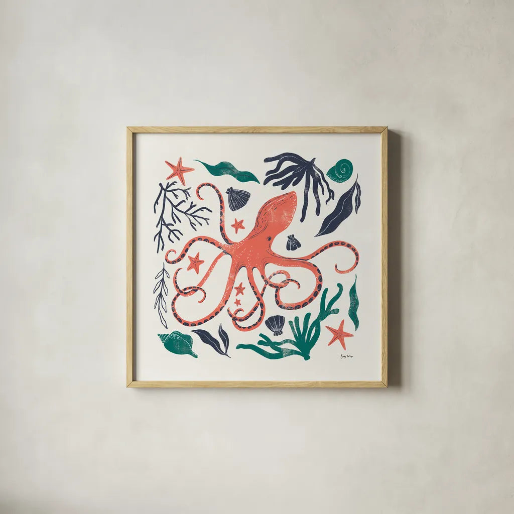 Coastal Reef IV by Becky Thorns. Shown in a natural wood glass frame for a timeless modern aesthetic. Available as an archival giclee rolled canvas, fine art paper, or poster print. SKU 72914a.