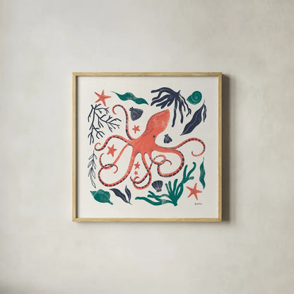 Coastal Reef IV by Becky Thorns. Shown in a natural wood glass frame for a timeless modern aesthetic. Available as an archival giclee rolled canvas, fine art paper, or poster print. SKU 72914a.