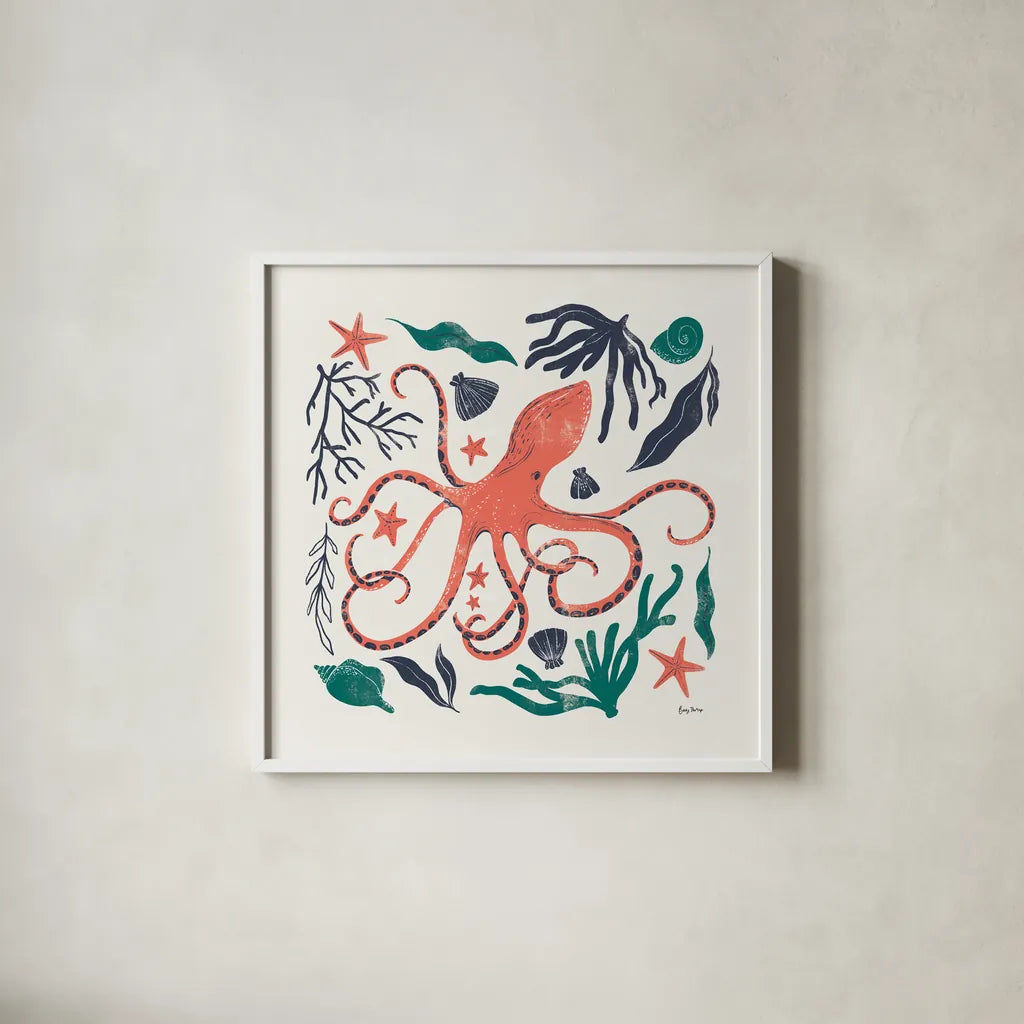 Coastal Reef IV by Becky Thorns. Shown in a crisp white glass frame for a clean and minimalist style. Available as an archival giclee rolled canvas, fine art paper, or poster print. SKU 72914a.