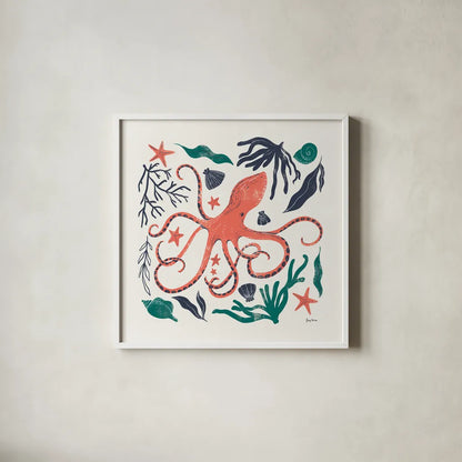 Coastal Reef IV by Becky Thorns. Shown in a crisp white glass frame for a clean and minimalist style. Available as an archival giclee rolled canvas, fine art paper, or poster print. SKU 72914a.