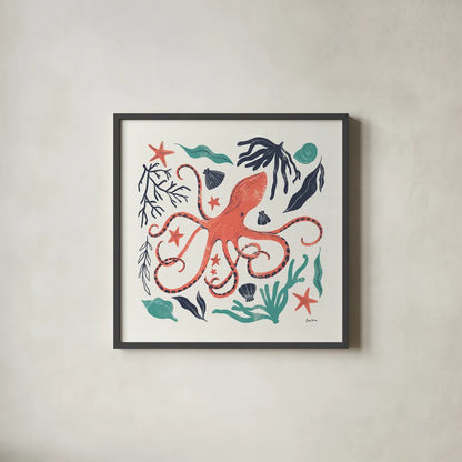 Coastal Reef IV Turquoise by Becky Thorns. Shown in a sleek black glass frame for a contemporary gallery look. Available as an archival giclee rolled canvas, fine art paper, or poster print. SKU 76359a.