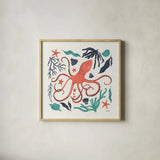 Coastal Reef IV Turquoise by Becky Thorns. Shown in a natural wood glass frame for a timeless modern aesthetic. Available as an archival giclee rolled canvas, fine art paper, or poster print. SKU 76359a.
