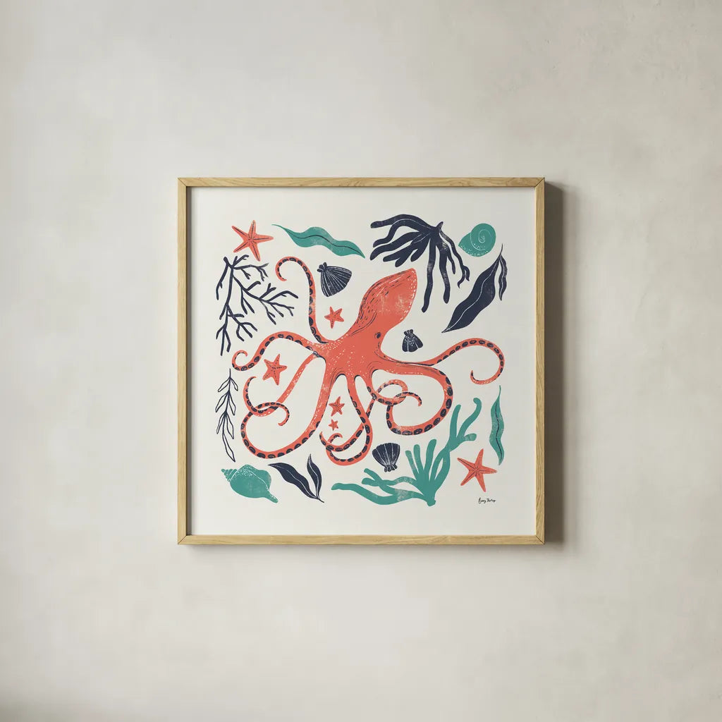 Coastal Reef IV Turquoise by Becky Thorns. Shown in a natural wood glass frame for a timeless modern aesthetic. Available as an archival giclee rolled canvas, fine art paper, or poster print. SKU 76359a.