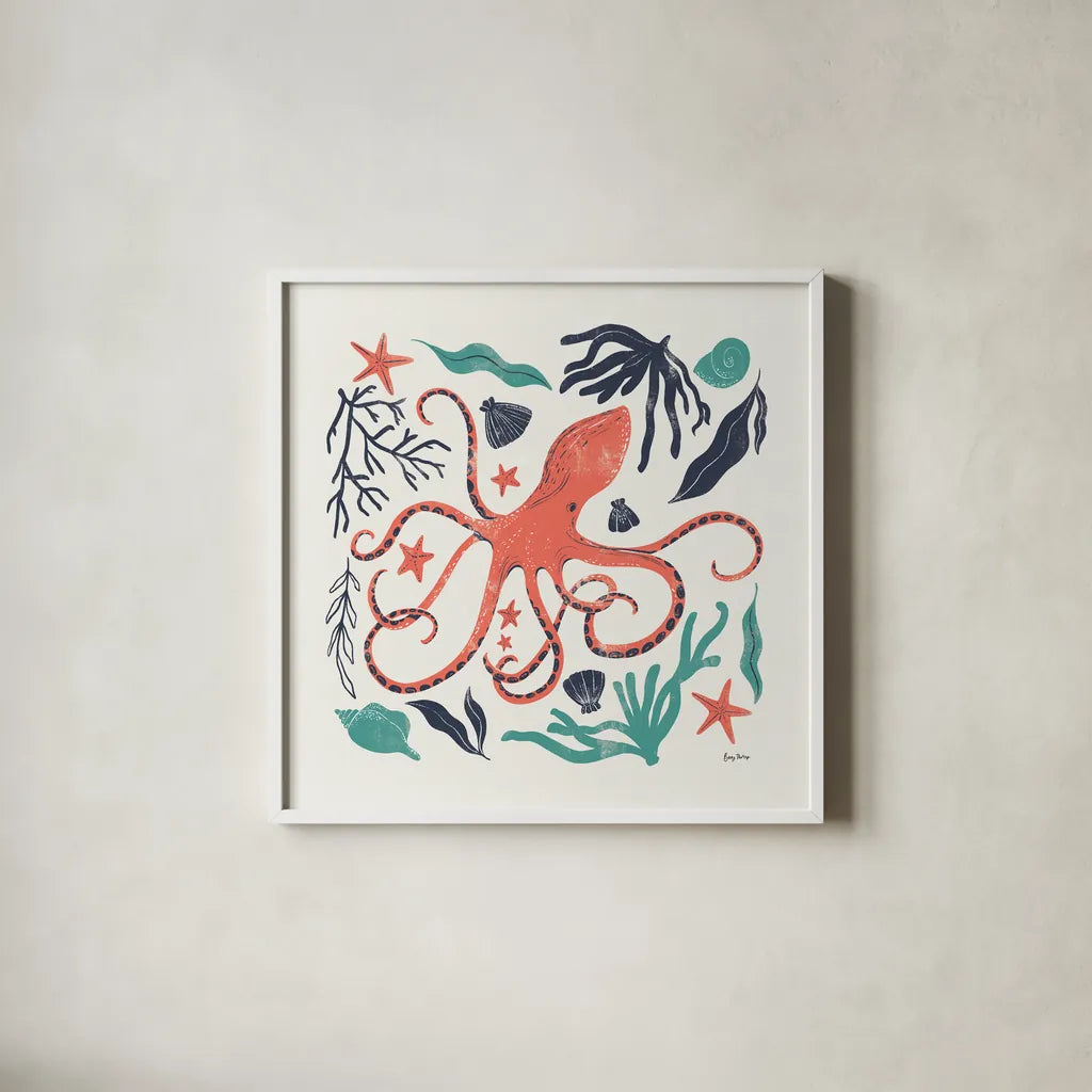 Coastal Reef IV Turquoise by Becky Thorns. Shown in a crisp white glass frame for a clean and minimalist style. Available as an archival giclee rolled canvas, fine art paper, or poster print. SKU 76359a.