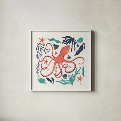 Coastal Reef IV Turquoise by Becky Thorns. Shown in a crisp white glass frame for a clean and minimalist style. Available as an archival giclee rolled canvas, fine art paper, or poster print. SKU 76359a.