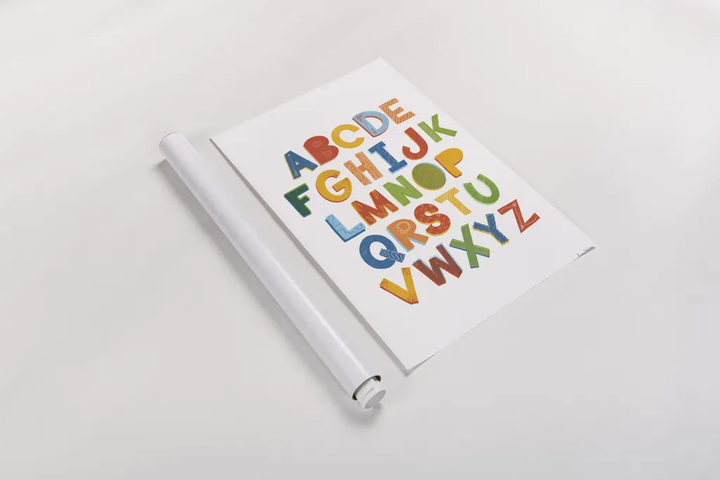 Colorful Alphabet by Becky Thorns. shown as a rolled paper print. Available as archival giclee rolled canvas, fine art paper, or poster print. SKU 59586h.