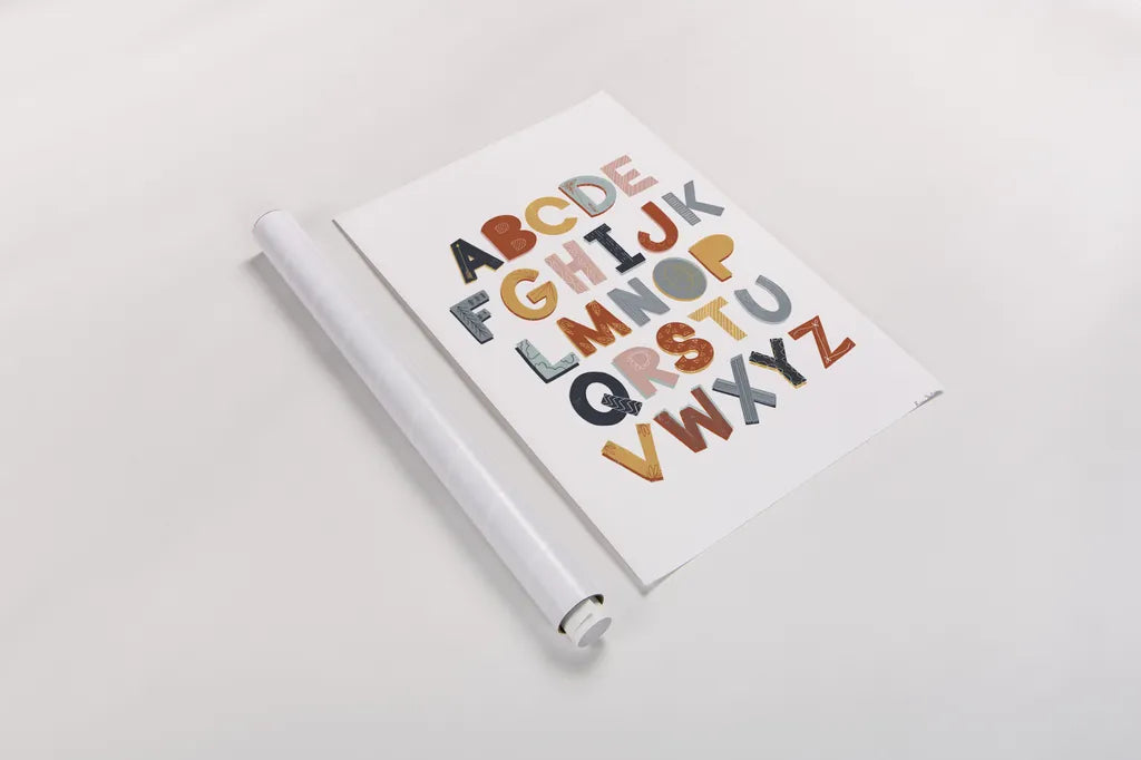 Colorful Alphabet Pastel by Becky Thorns. shown as a rolled paper print. Available as archival giclee rolled canvas, fine art paper, or poster print. SKU 66560h.