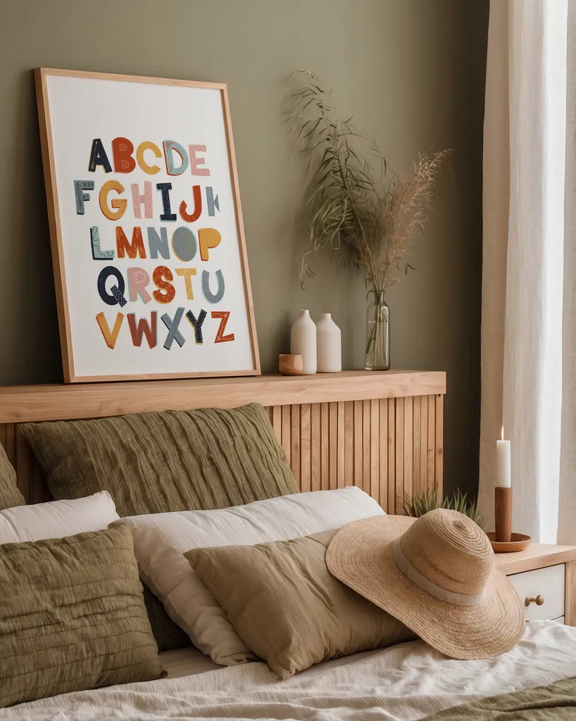 Colorful Alphabet Pastel by Becky Thorns. shown as a paper print in a natural frame. Available as a archival giclee rolled canvas, fine art paper, or poster print. SKU 66560h.