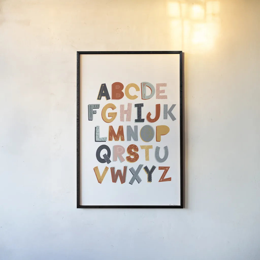 Colorful Alphabet Pastel by Becky Thorns. shown as a paper print in a black flame. Available as a archival giclee rolled canvas, fine art paper, or poster print. SKU 66560h.