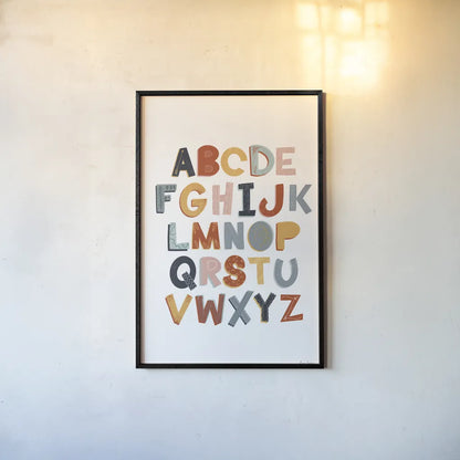 Colorful Alphabet Pastel by Becky Thorns. shown as a paper print in a black flame. Available as a archival giclee rolled canvas, fine art paper, or poster print. SKU 66560h.