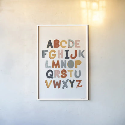 Colorful Alphabet Pastel by Becky Thorns. shown as a paper print in a white frame. Available as a archival giclee rolled canvas, fine art paper, or poster print. SKU 66560h.
