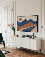 Colorful Peru Trails by Becky Thorns. shown as a framed stretched canvas in a living room above a console. Available as a archival giclee rolled canvas, fine art paper, or poster print. SKU 79060i.