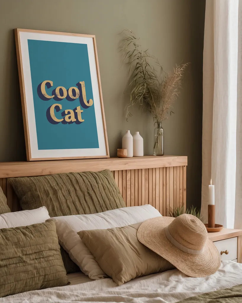 Cool Cat by Becky Thorns. shown as a paper print in a natural frame. Available as a archival giclee rolled canvas, fine art paper, or poster print. SKU 65165h.